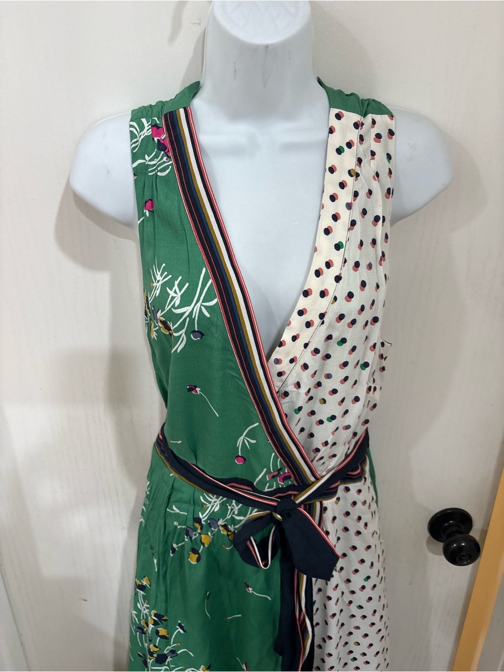 Maeve Anthropologie bohemian Green & Cream Floral Wrap Dress with Polka Dot Pane - Picture 4 of 8